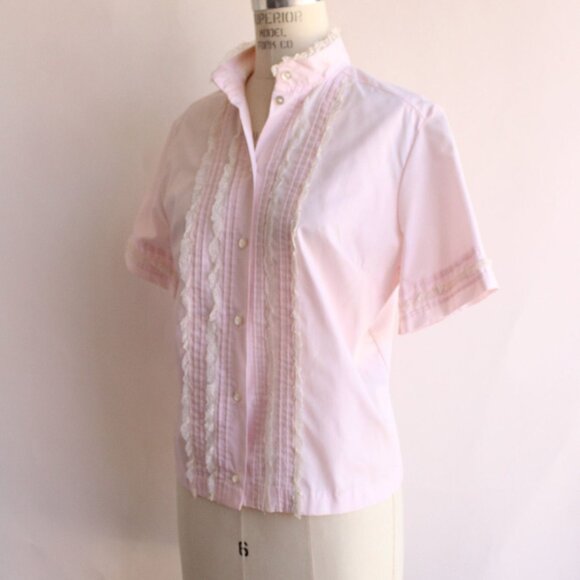 Vintage 1960s Blouse, Pink Cotton Tuxedo Front with Ruffled Lace Trim and Nehru - Picture 7 of 10